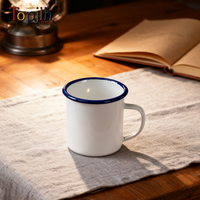 Mug en émail vierge pour sublimation Topjlh 12oz/350ml avec bord bleu, personnalisable, pour le camping, vente en gros