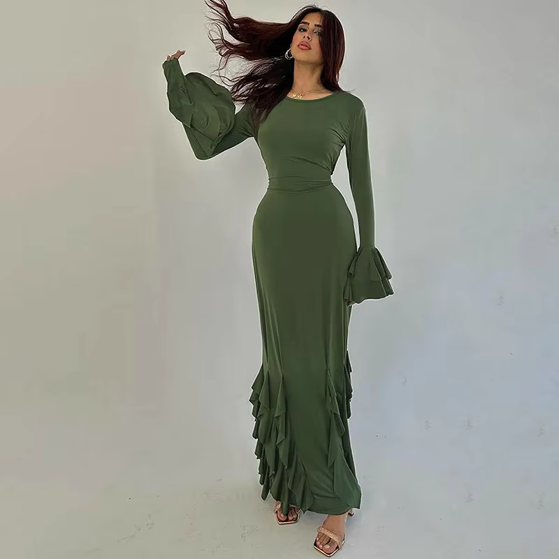 New Fashion Design Smart Casual Ruffle Long Sleeve Slim Long Evening Dress  Hot Selling| Alibaba.com