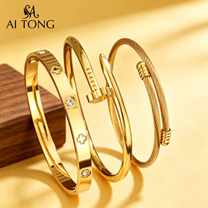 Bracciali a Polsino in Acciaio Inossidabile Placcato Oro 18K PVD con Quadrifoglio Intarsiato in Zirconi, Gioielli Regolabili alla Moda <span class=keywords><strong>per</strong></span> Donne - Product Image 4