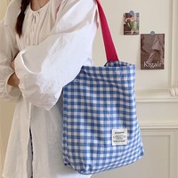 Tas Tote Selempang Kanvas Motif Kotak-kotak Kontras, Gagang Panjang Lipat, Kasual Simpel, Fashion Terbaru