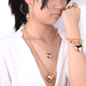 Heart Shaped Necklace Earrings <b>Bracelet</b> <b>Set</b> Gold Zinc Alloy Jewelry For Women Gift Fashion Accessory - Product Image 2