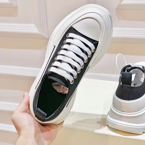 Top-quality stylish lace-up <b>round</b>-toe casual shoes with thick sole for heightening, luxurious style, black <b>canvas</b> shoes - Product Image 1