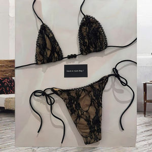 Conjunto de bikini de 2 piezas para mujer, a rayas, con aberturas, push-up, sin aros, de tiras, triángulo, corte alto y tanga atrevida - Product Image 3