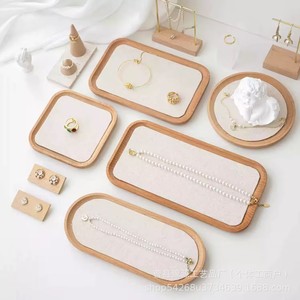 Solid Wood Jewelry Display Tray Linen Lined Rectangle Square Oval For <b>Necklace</b> <b>Ring</b> Earring Photography Props - Product Image 1