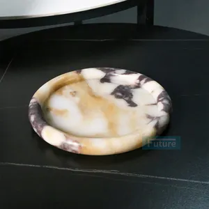 Natural marble Calacatta Viola material Round decorative stone tray for living room, home decoration tray