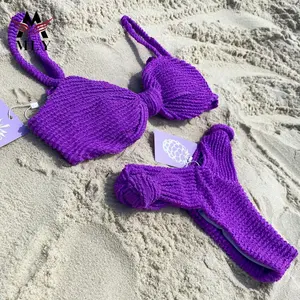 MLY定制标志比基尼套装2023新款女式性感无背纯色紫色沙滩泳衣