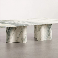 Table basse en marbre veiné vert, plateau flottant rectangulaire, base en pierre sculptée ondulée, table centrale pour salon, maison de rêve