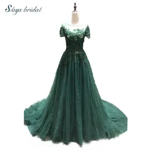 Vestido de noiva longo, decote redondo, verde, mangas curtas, vestido de casamento, bordado, com miçangas