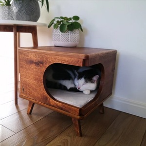Solid Wood Cat <b>House</b> Square Coffee Brown Multifunctional Pet <b>Bed</b> For Cats Medium Size - Product Image 3