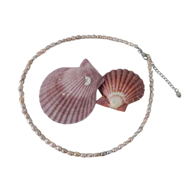 Collares de perlas Natural Púrpura Rosa Color Agua dulce Baba Perla barroca Gargantilla Tamaño 3-4mm Y Cadena Plata de Ley 37 + 5 cm