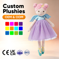 Bambola di Peluche Morbida con Capelli Viola, Stile Street, Giocattolo per Bambini, Personalizzata, Casual, in Cotone Grigio, con T-shirt e Pantaloncini in Denim