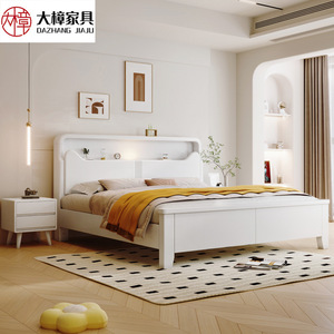 Dazhang Jiaju Scandinavian White Solid Wood Bed 1.8m Storage High Box Lighted <b>Headboard</b> Master Bedroom Furniture - Product Image 1