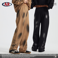 Pantalon de sport 430g 100%, brossé et peint à la bombe avec du marron, vintage, ourlet roulé, pantalon personnalisé et tendance