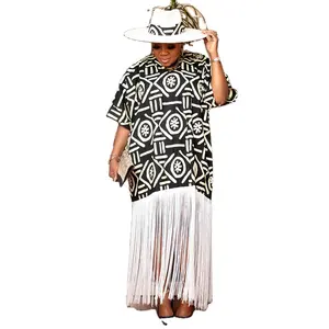 Plus size sexy women mature one piece dress for fat women with tassel