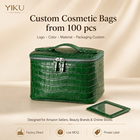 Tas Kosmetik Kulit Asli Yiku Motif Buaya Dengan Pegangan Atas, Penutup Ritsleting, Organizer Makeup Portabel Untuk Perjalanan