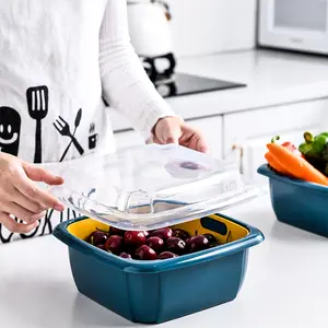 Venta al por mayor 3 en 1 cocina colador doble capa vegetal fruta plástico drenaje cesta con tapa a prueba de polvo