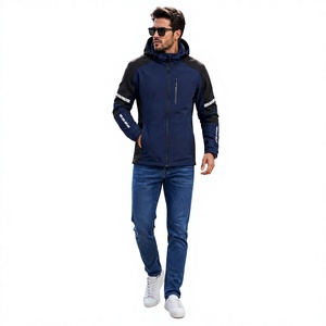 Veste coupe-vent à capuche bleu marine pour homme, vêtements décontractés pour l'extérieur, coupe régulière, matière polyester, fermeture éclair, style automne - Product Image 1