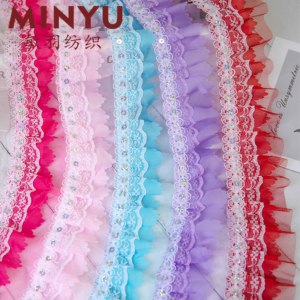 Thêu Đầy Màu Sắc Sequins Pleated Mềm Lưới Vải Tuyn Ren Cắt Tỉa Nylon Voan Xù Ren Cho Váy Cưới - Product Image 2