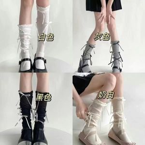 Calcetines Largos Grises con Lazo para Mujer, Estilo Juvenil, Transpirables, de Fibra de Poliéster - Product Image 3