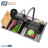 Robinet intelligent cascade LED chromé noir fait main FSH OEM, évier de cuisine moderne en acier inoxydable avec design composite pour lave-vaisselle