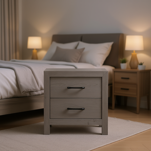 Comodino in Stile Rustico con 2 Cassetti, Finitura Grigia, Arredamento Camera da Letto in Legno, Design Moderno per Uso Domestico - Product Image 2