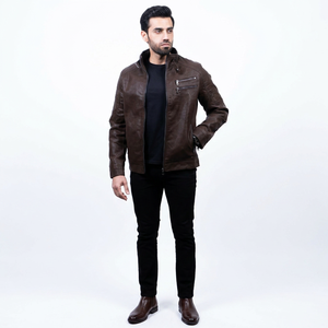 Chaqueta de cuero con forro de algodón lavado color marrón claro, estilo casual urbano, cuello alto, de alta calidad para hombre. - Product Image 1