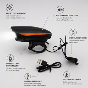 Bocina y Luz de Seguridad 7588 Recargable por USB, Luz Delantera LED con Botón Remoto para Manillar, Bocina y Luz para Bicicleta de Montaña, Carretera y Ciudad - Product Image 1