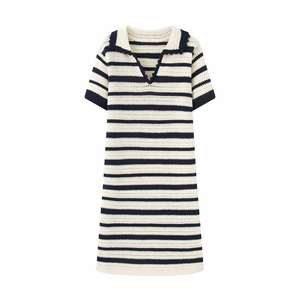 Nuevo <span class=keywords><strong>Vestido</strong></span> Midi <span class=keywords><strong>de</strong></span> Punto con Cuello Polo <span class=keywords><strong>y</strong></span> <span class=keywords><strong>Rayas</strong></span> Blancas <span class=keywords><strong>y</strong></span> Azules, Estilo Náutico Preppy, Casual, para Verano <span class=keywords><strong>y</strong></span> Otoño, Listo para Enviar - Product Image 1