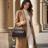 Sac à main vintage élégant en cuir véritable avec fermoir Kiss Lock, poignée supérieure, cadre rétro, fermoir en laiton antique, étanche, capacité 2L