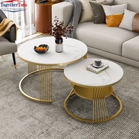 Tables basses gigognes rondes 2 pièces, plateau en faux marbre blanc avec base géométrique dorée, tables de salon gain de place