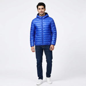Custom Fashion Style Men's Royal Blue <b>Warm</b> <b>Waterproof</b> Canvas Stand Quilted Puffer Jacket Wholesale Winter Streetwear Front - Product Image 1