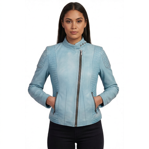 Chaqueta de cuero azul polvo para mujer al por mayor, estilo motociclista asimétrico, con hombros acolchados personalizados, corte ajustado, ropa exterior de fábrica. - Product Image 1