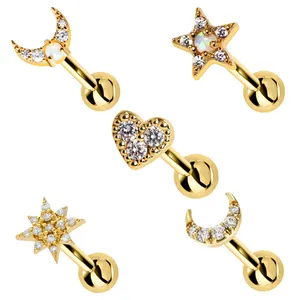 Pendientes de oro de 14 quilates con forma de copo de nieve, Piercing para el cartílago, Piercing para la oreja, con forma de estrella y Luna, joyería para el cuerpo