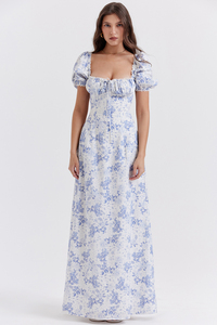 Abito lungo estivo casual da donna OEM elegante blu <span class=keywords><strong>con</strong></span> stampa floreale, linea ad A, maniche a palloncino corte - Product Image 2