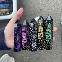 En gros, Tour en cristal gravée, Baguette de guérison artisanale, Pointe de peinture Soleil Lune en Obsidienne noire pour décoration et cadeau