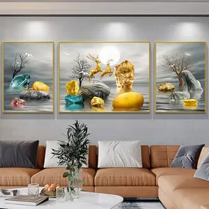 Three Panels Golden Deer, Tree Stone Nordic Canvas Painting Hd Print Modern Poster Room Home Decor Landscape Art Picture Mural/