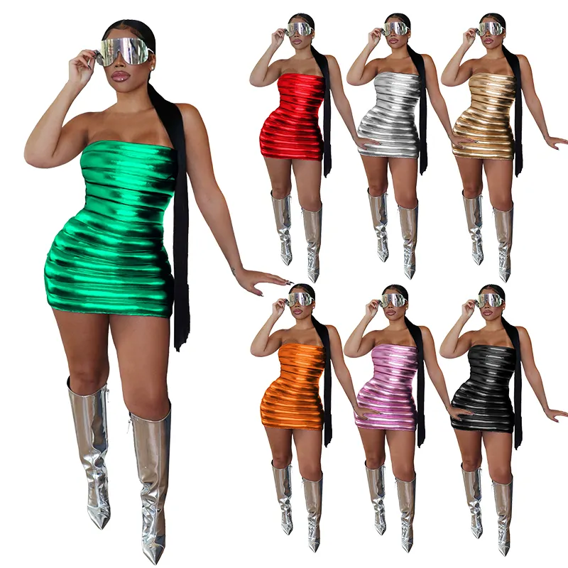 2022 New Design Silver Metallic Shiny Puffer Dress Slim-fit Short Bubble Pleated Dress Mini Club Dresses Sexy