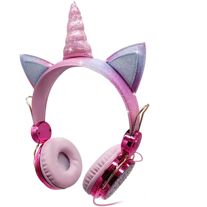 マイク付き有線ユニコーン猫耳ヘッドフォンかわいい猫耳有線ヘッドフォン猫耳ヘッドセット子供用