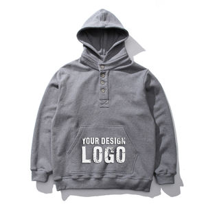 Sweat à capuche décontracté en coton pour homme, col boutonné, épaules tombantes, coupe ample, logo personnalisé, sans cordon de serrage, style oversize - Product Image 1