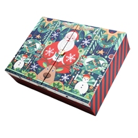 Boîte cadeau mystère de luxe avec logo personnalisé, en carton vert délicat, laminage mat, recyclable, boîte à double porte à ouverture surprise pour Noël