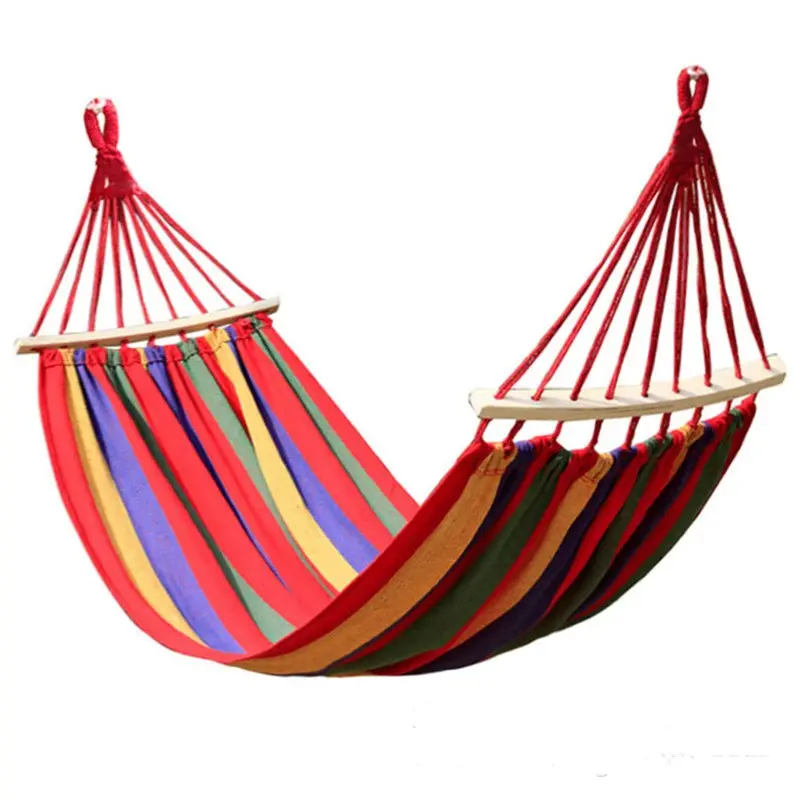 Indoor Outdoor Camping Hammock Thickened Durable Canvas Fabric Single Hammocks with Two Anti Roll Balance Bar