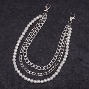 Cadena de cintura de perlas de doble capa de metal, cadena de perlas de imitación plateadas y blancas, cadena corporal informal de moda, accesorio retro moderno de estilo hip hop - Product Image 3