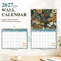 Kalender Dinding Cetak Bunga 2027 dengan Jam Layar LCD Spiral Gantung Perencana Bulanan Daftar Tugas/ Belanja untuk Rumah Kantor