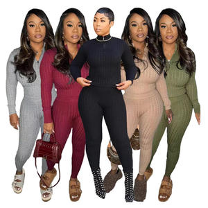 Set da donna 2025 all'ingrosso di maglieria Casual 2 pezzi lavorato a maglia con cerniera Skinny Set di maglioni Casual a manica lunga completo 2 pezzi - Product Image 1