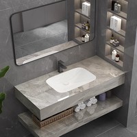 Ensemble de meuble-lavabo mural en dalles de pierre double couche sans joint, avec lavabo en céramique tout-en-un et surface solide au design minimaliste