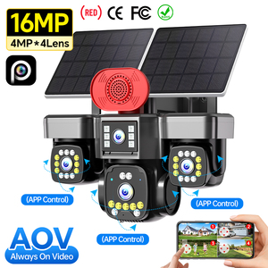 Caméra <span class=keywords><strong>de</strong></span> sécurité solaire 4G SIM 16MP en gros, 6 moteurs, 4 objectifs, 4 écrans, caméra PTZ sans fil AOV, caméra CCTV extérieure IP66, approvisionnement en vrac - Product Image 1