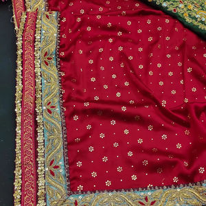 Sari Georgette de satén pesado para mujer con estampado de lámina de lujo Jacquard encaje bordado codificación secuencia trabajo vestido de fiesta hecho India - Product Image 2