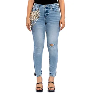 Пользовательские модные светло-голубые узкие джинсы с разрезом и жемчугом для женщин женские брюки