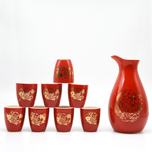 Juego de vino de cerámica, 1 decantador, 8 copas de porcelana con diseño floral rojo para servir vino - Product Image 5
