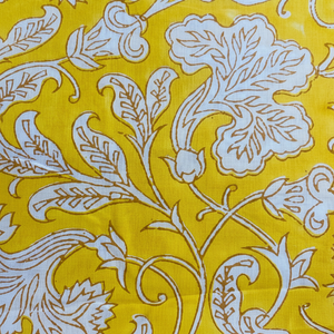 Hot Selling Luxury Indian Floral Hand Block Printed 100% Cotton Fabric Saffron Yellow and White for Women's Clothing Curtains - Product Image 1